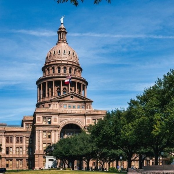 Photo of Texas State Capitol Building, blue sky, and trees.