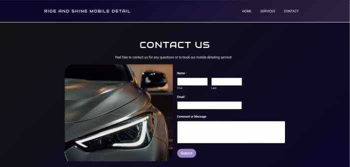 A website Contact Us form with with a photo of a silver car next to blank text entry fields for Name, Email, and Comment or Message and a purple button that says "Submit."